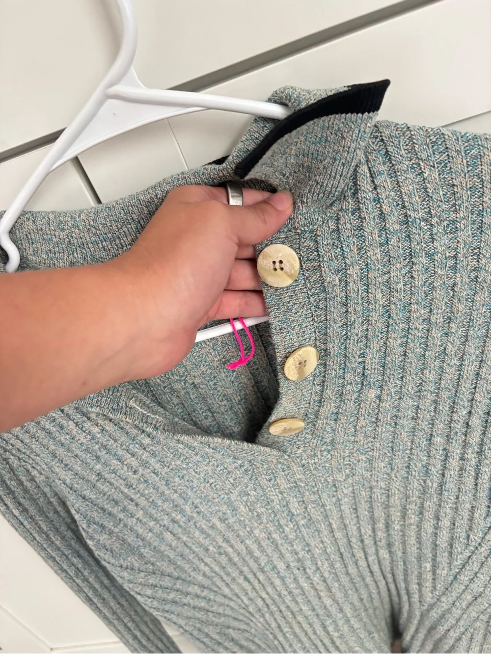Ganni Ribbed Sweater in Light blue-Green with Black Trim